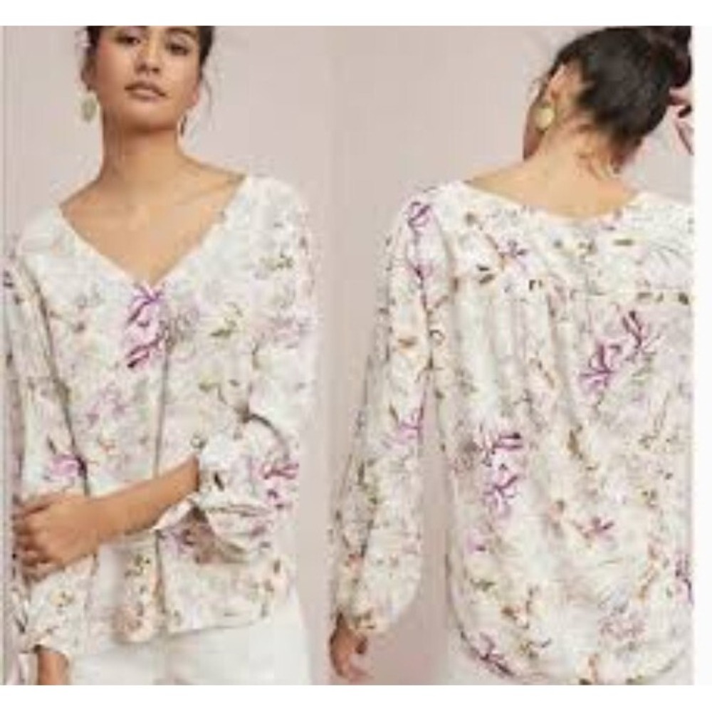 ANTHROPOLOGIE Maeve Cream Pink Topical Floral Balloon Sleeve Blouse Sz S Pastel